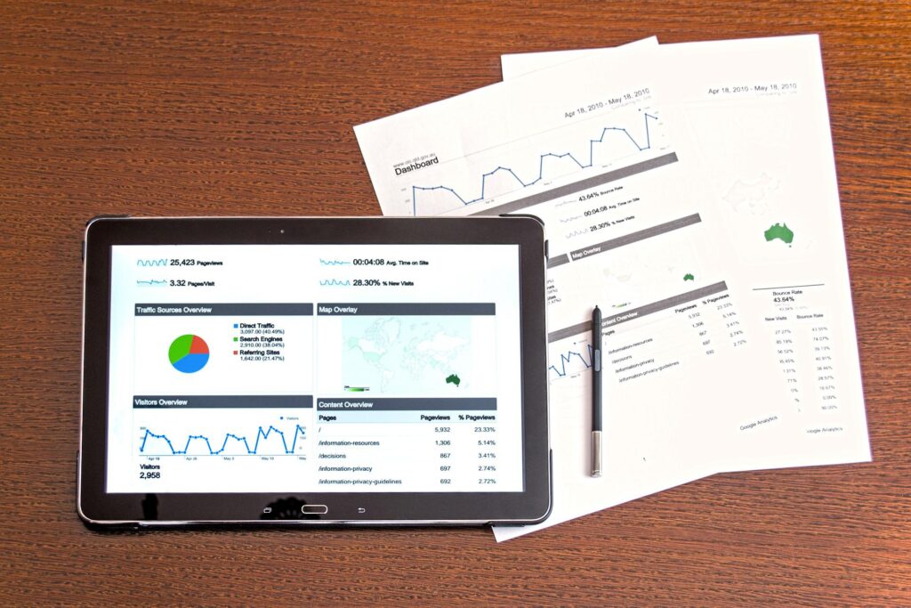 tablet and printed sheets of investment analysis for 401k selection