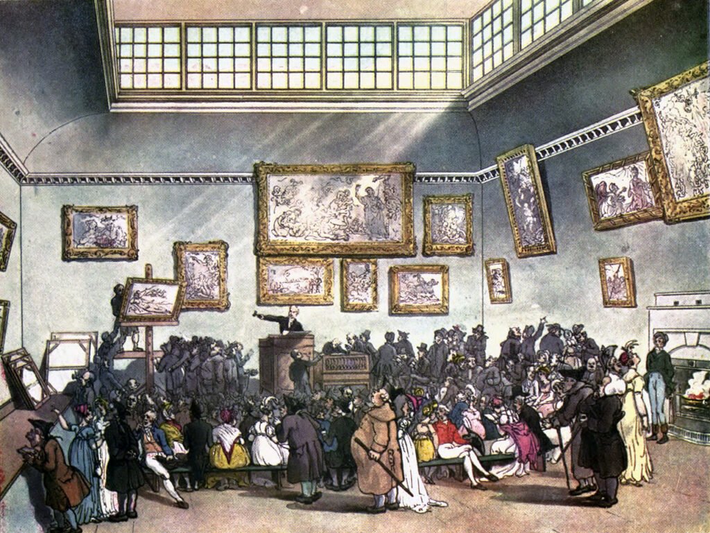 A color plate image of Christie's Auction House in London, from 1808.